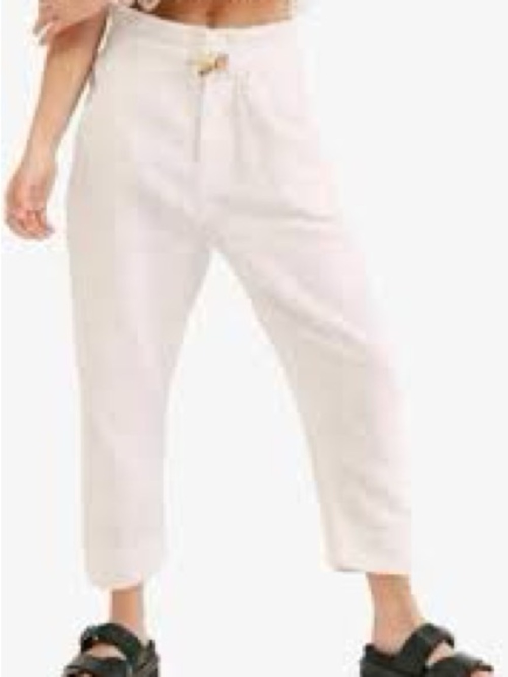 Free People Cream Drawstring Cropped Linen Pants